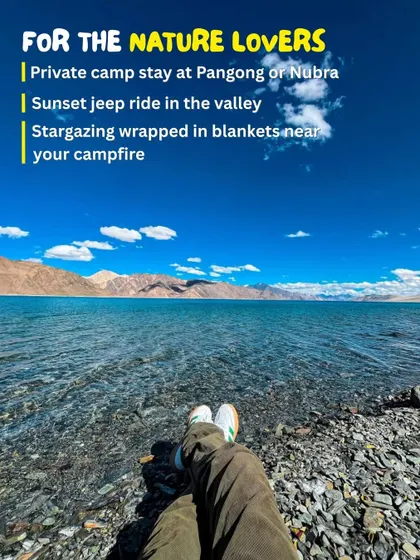 For nature lovers, a private camp stay by Pangong Lake is pure magic. Imagine stargazing with a campfire keeping you warm. This is the Ladakh experience we offer.