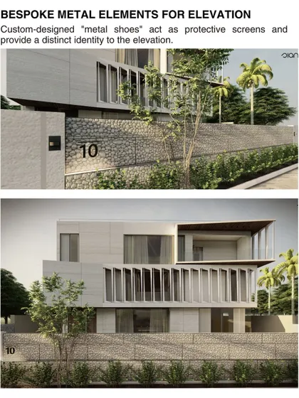 Custom-designed 'metal shoes' act as protective screens on this facade. Meticulously angled to direct airflow, they serve both an aesthetic and functional purpose, showcasing our focus on engineered craft.