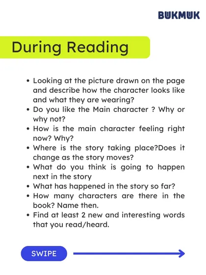 'During Reading' prompts for toddlers under 4. I focus on simple, observational questions like describing a character's clothes or feelings to keep them engaged with the pictures and the narrative.