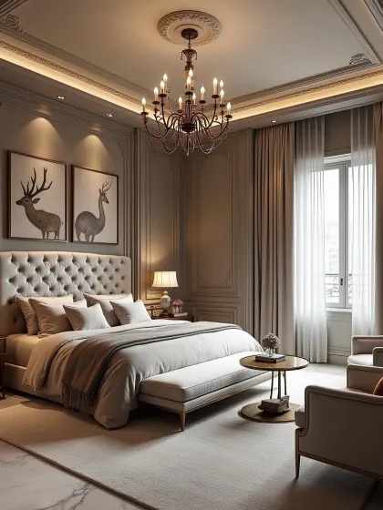 A neoclassical bedroom that is both regal and inviting. The design features elegant wall moldings, a grand chandelier, a tufted headboard, and a muted, luxurious color scheme.