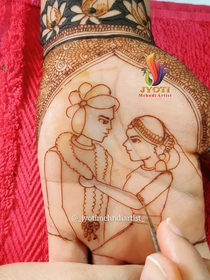 A work-in-progress shot of a varmala ceremony portrait. This shows the initial line work before the shading and filling details are added.