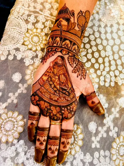 A classic bridal portrait on the palm, capturing the grace of the bride in her wedding attire.