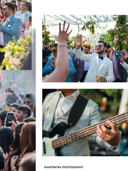 A collage capturing the vibrant atmosphere of the white wedding, from the live band to the happy, dancing guests.