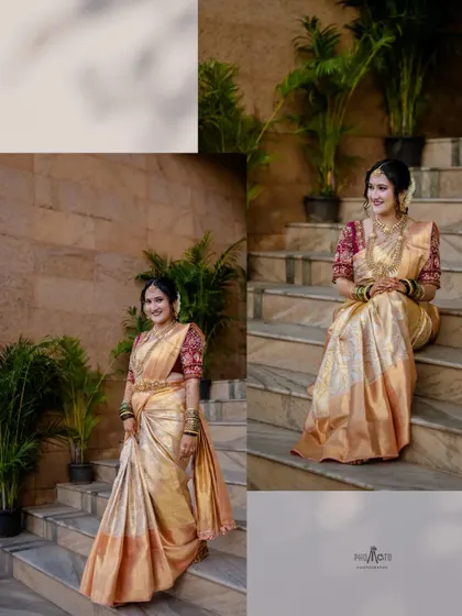 A collage of the bride posing gracefully on the stairs, showcasing her elegant saree from different angles.