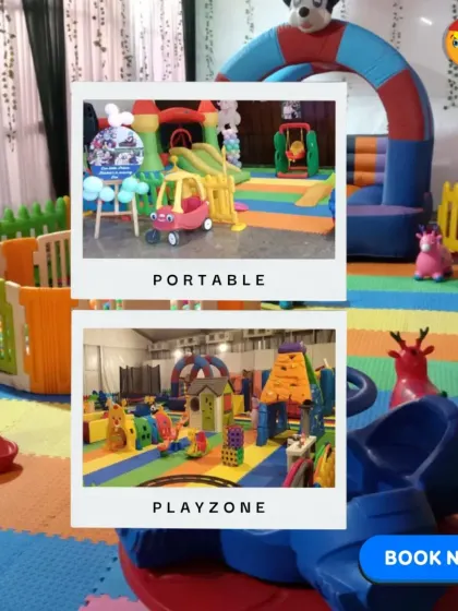 This graphic shows two different portable playzone setups in a "before and after" style, highlighting the variety of equipment I can provide, from small ride-on toys to large climbing structures.