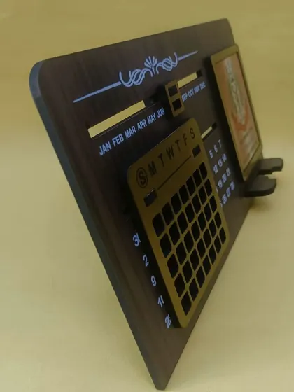 A side view of the infinity calendar, showing its sleek design and high-quality wooden finish.