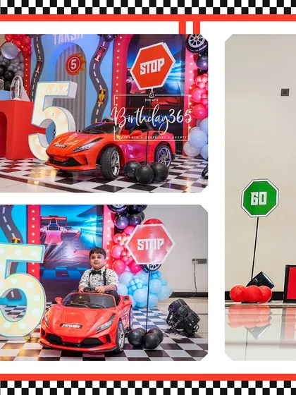 A collage from the race car party, showing the birthday boy posing in a mini red sports car and details of the track-themed decor.