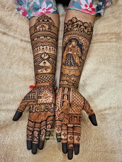 The other hand of the NRI bride's design, showing a portrait of the groom and other personal elements.