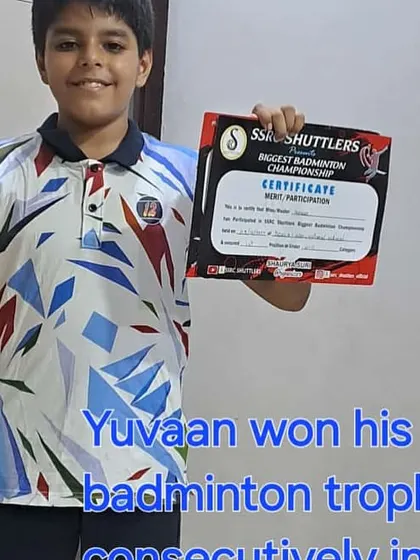 Another one of our promising young talents, Yuvaan, with his second consecutive trophy. Consistent performance is a key goal of our badminton coaching program.