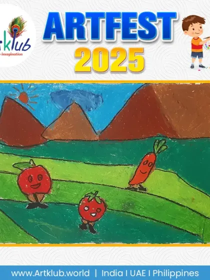 A delightful drawing of smiling vegetables in a field. This junior artist gave life to a tomato and a carrot, creating a happy and imaginative scene.