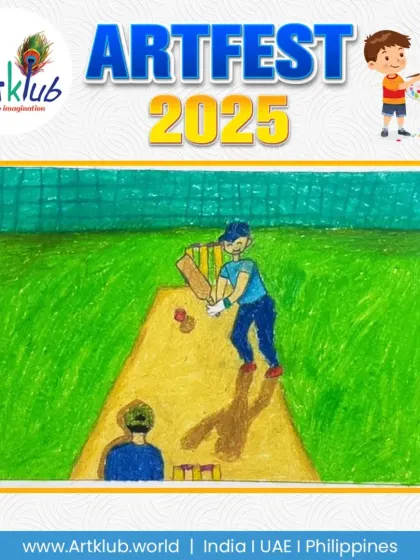 This junior artist's drawing shows a cricket match in progress. The batsman is ready to hit the ball, with the wickets and a fielder clearly depicted.