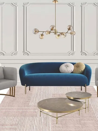 A Neoclassical living room concept. This mood board showcases how to blend classic architectural details like wall molding with modern, curved furniture and metallic accents for a sophisticated look.