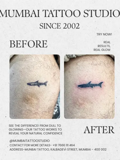 See the difference a professional touch-up makes. On the left is a faded, patchy shark tattoo. On the right is the same tattoo after we reworked it, featuring a solid black fill, clean outlines, and a vibrant look. We can revive your old ink and make it look brand new.