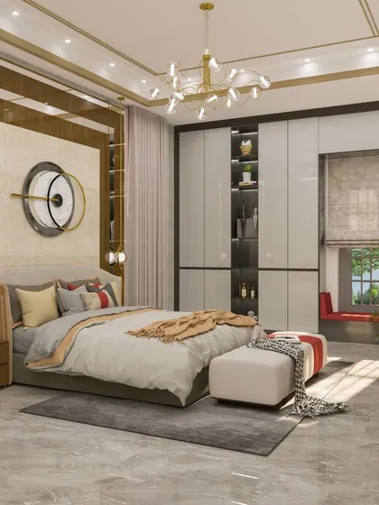 The bedroom features a large wardrobe with glossy finishes and a cozy bay window seating area.