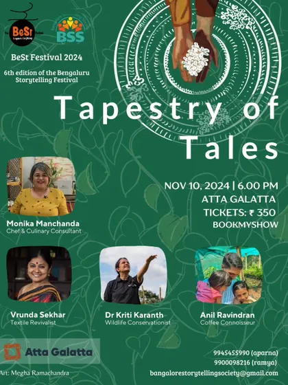 A poster for the BeSt Festival (Bengaluru Storytelling Festival), featuring a 'Tapestry of Tales' with experts on crafts, cuisines, conservation, and coffee.