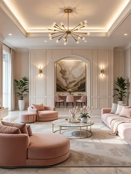 A living room concept inspired by the soft hues of Sakura (cherry blossoms). The blush pink curved sofas, marble coffee table, and elegant wall paneling create a romantic and serene atmosphere.