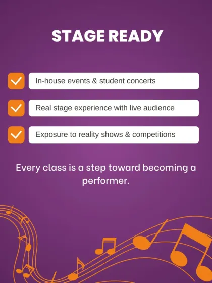 We prepare you to be stage ready. Our program includes in-house events and student concerts, giving you real stage experience with a live audience and exposure to the world of performance.