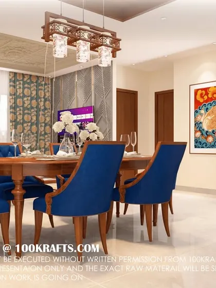 The dining area with vibrant blue chairs adds a pop of color to the otherwise earthy and traditional decor.