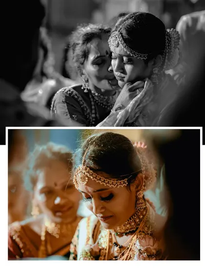 A collage capturing the bride's emotional moments with her mother during the wedding.