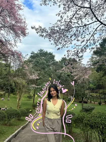 A happy moment at Ward's Lake, with doodles that say "cherry blossom baby" to capture the theme of the day.