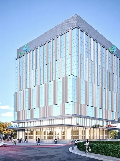 Coming up in Noida, the Felix Hospital is a 250-bed healthcare facility designed to balance clinical precision with patient comfort. This rendering showcases its modern, glass-clad facade, slated for completion in 2026.