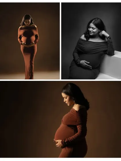 A collage showcasing different angles and moods from a studio session. It includes a full-length profile, a smiling seated portrait in black and white, and a contemplative downward glance, showing the variety we can achieve.