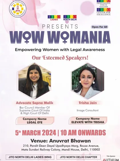 We believe in empowering the community through legal awareness. Here, our founder, Advocate Sapna Malik, was invited as an esteemed speaker at the 'WOW WOMANIA' event to share insights on legal rights. This commitment to education is a core part of our practice.