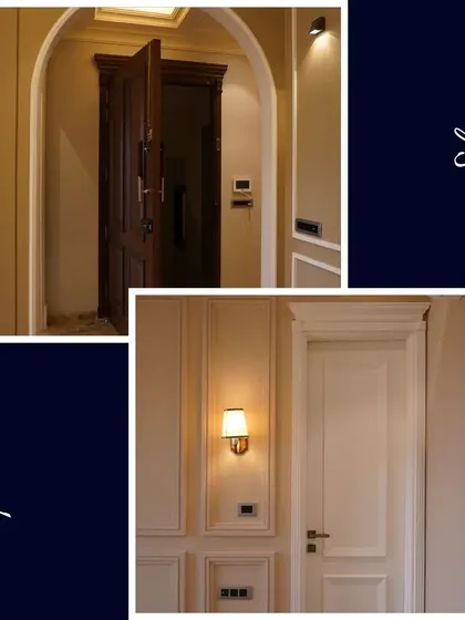 Opulence and elegance. This collage highlights our door designs, from the grand, dark wood entryways to the clean, white paneled interior doors, all contributing to a home's luxurious feel.