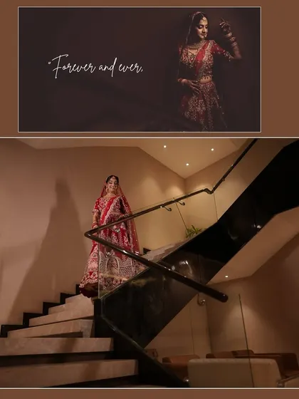 A collage showcasing a grand bridal entry down a modern staircase, capturing her elegance from different perspectives.