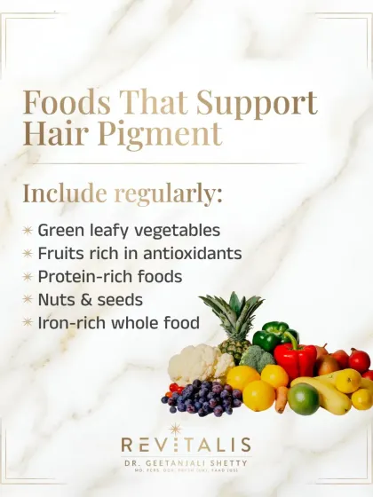 To support your natural hair pigment, I recommend regularly including certain foods in your diet. Green leafy vegetables, antioxidant-rich fruits, protein sources, and iron-rich whole foods all play a role in maintaining hair color.