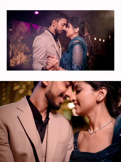 A collage of intimate moments from Sushma and Athmic's Sangeet night, capturing their close dance and connection.