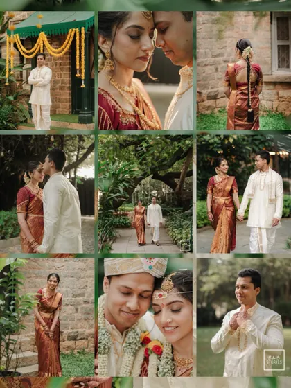 A collage capturing the story of a wedding morning. From the groom's anticipation to the couple's portraits, this collection showcases the different facets of a traditional South Indian wedding.
