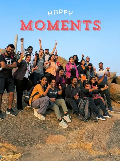 Happy moments with the tribe. A group photo on the rocks of Hampi, celebrating a successful day of exploration and adventure.