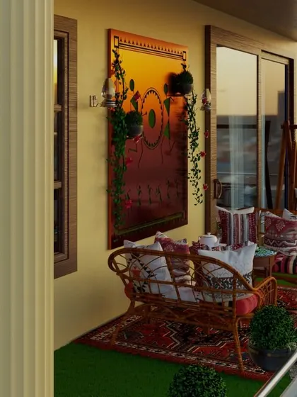 This balcony has a distinct ethnic and artistic feel. We used traditional Indian textiles for the rug and cushions, a cane swing, and a large, colorful wall hanging to create a vibrant and culturally rich outdoor space.