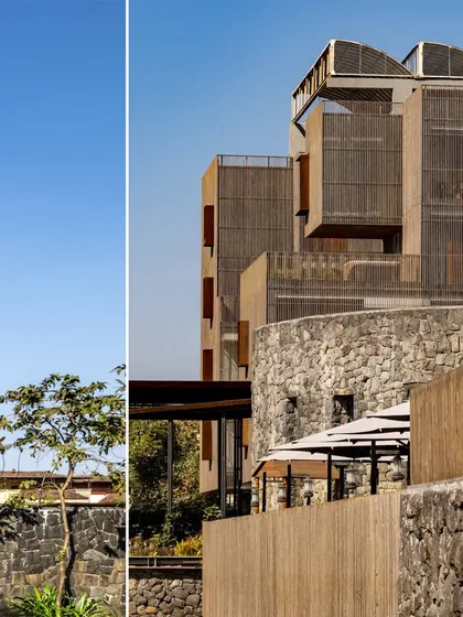 The facade of the Radisson Resort features a combination of wood screening and exposed stone walls. The building's form is broken down into smaller volumes to reduce its perceived mass and better integrate with the natural topography.