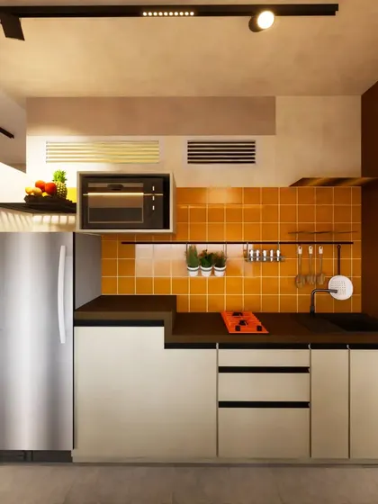 These renders showcase our designs for compact kitchens. We use warm color palettes, like champagne and mocha brown with an orange highlight, and clever layouts to create kitchen spaces that are efficient, stylish, and a joy to cook in.