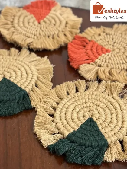 Another view of the coaster set. They are handcrafted from natural jute and cotton, making them eco-friendly and durable.