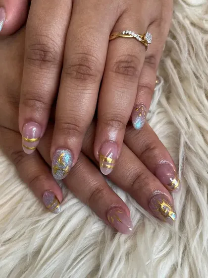 Another view of the artistic gold and blue glitter design.