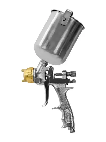 This is a high-resolution product photo ready for any e-commerce platform. The lighting is set up to eliminate shadows and accurately represent the metallic texture of the spray gun.