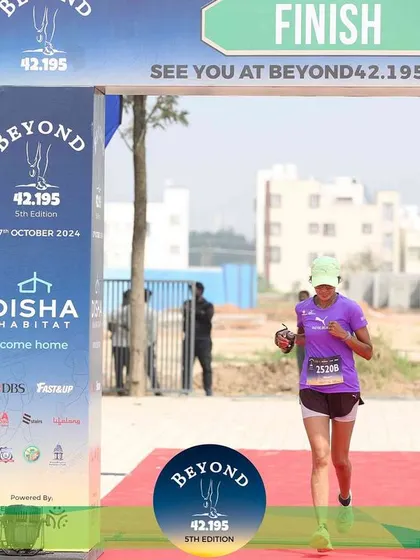 Crossing the finish line at the Beyond 42.195 team relay. This 25km leg was a tough challenge in the sun, but pushing through and finishing is what it's all about.