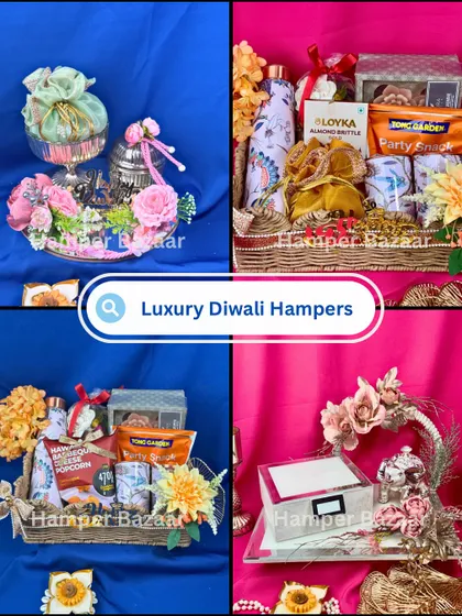 A glimpse into our luxury Diwali hamper collection. These hampers feature premium items like printed bottles, gourmet snacks, and ornate decorative pieces, perfect for making a lasting impression.