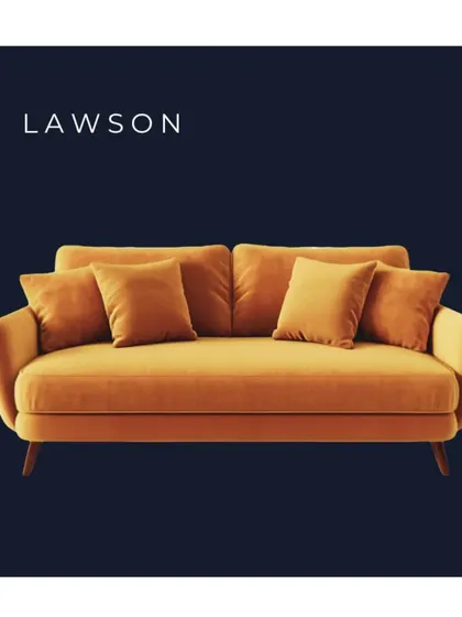 The Lawson sofa is known for its comfort, with back cushions that are separate from the frame. This versatile style, shown here in a warm yellow velvet, works well in many modern and transitional homes.