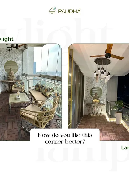 Daylight magic or lamp-lit charm? This image compares the same elegant balcony corner in two different lighting conditions, showing how it transforms from a bright day spot to a cozy evening retreat.