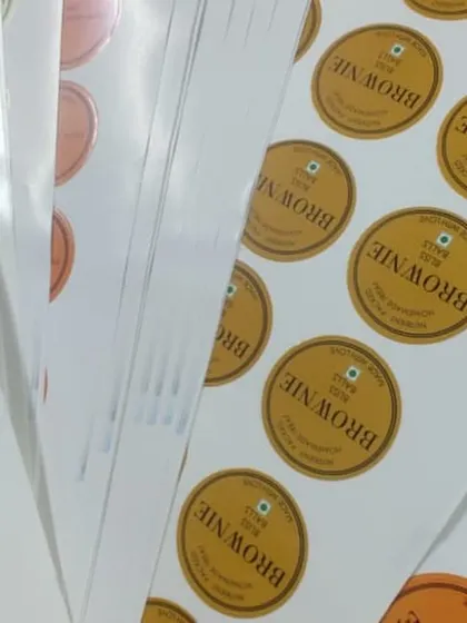 A look at multiple sticker sheets we designed and printed for a baker, including labels for brownies, marble cake, and tea cakes.