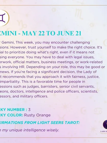 This week's tarot prediction for Gemini points to challenging decisions. I advise you to trust yourself to make the right choice, even if it means not pleasing everyone, and to approach all matters with fairness.