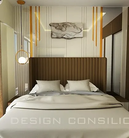 This bedroom design is all about cozy elegance. The fluted headboard, hanging pendant light, and warm color palette create a timeless and relaxing atmosphere.