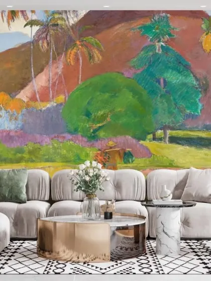 This colorful, impressionistic landscape mural brings a burst of artistic energy to the room. The vibrant greens, purples, and oranges create a cheerful and expressive backdrop for a modern living area.