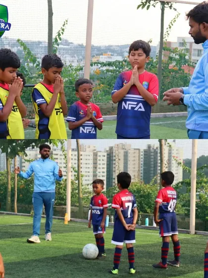 We start our sessions by teaching discipline and respect. Here, a coach leads young players in a moment of focus before training begins.