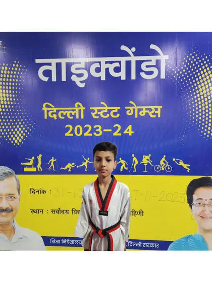 Representing our school at the Delhi State Games. Student Utkarsh Chopra after winning a gold medal in the 2023-24 event.