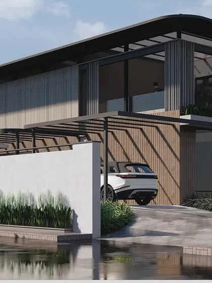 Another render of 'ALAYA I', showing the carport and the relationship between the building and the street.